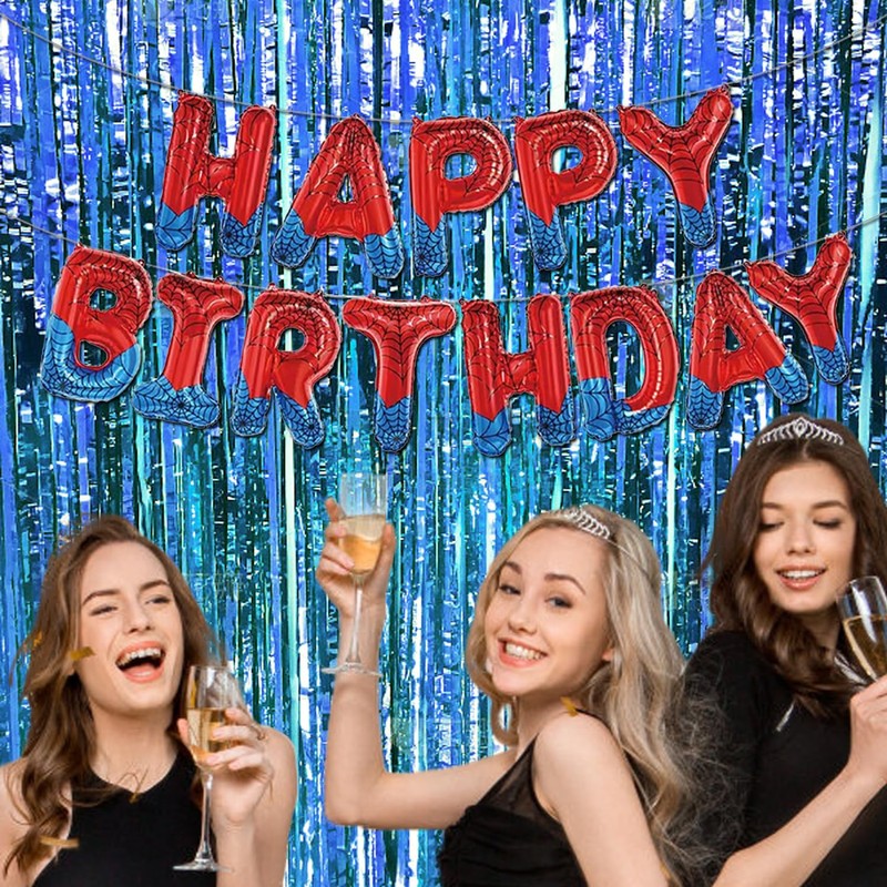 Spider Theme Happy Birthday Letter Balloons Banner, Red and Blue,