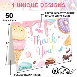 Whaline 50 Pack Ice Cream Thank You Cards Boxed Cute Donut Greeting Card with Envelopes Stickers Blank Note Cards for Summer Birthday Baby Shower Party Supplies, 4 x 6 Inch