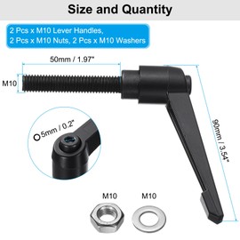 sourcing map 2pcs Lever Adjustable Handles M10 x 50mm Metric Male Thread with Nuts Washers, Level Clamping Handle Set Hand Stud Knobs Rotating Screw Handles Bolts with Locking Lever, Black