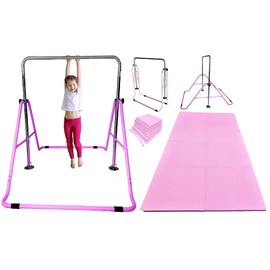 Gymnastics Bar for Kids Horizontal Kip Bar Jungle Gym with 8'x'4 EVA Puzzle Mat, Junior Training Monkey Bars Home Gym Adjustable Height Expandable Junior Training Bar Indoor Foldable (Pink)