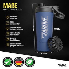 ABOVE. Protein Shaker Stainless Steel 750 ml - BPA Free & Insulating: Keeps Hot/Cold for 12 Hours - Integrated Scale & 100% Leak-proof Lid - Robust & Durable - Dishwasher Safe up to 45°C (Blue)