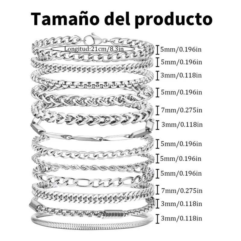 Pulseras Hombre Acero Inoxidable 12 Piezas Plata Joyería