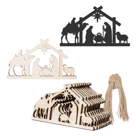 10Pcs Nativity Scene Shape Unfinished Wood Bethlehem Nativity Pieces Wooden with Twines Art Ornaments for Christmas Holiday Party Door Hanger Decoration