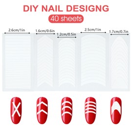 40 Sheets 1696pcs French Tip Stickers，White French Manicure Strips, 5 Different Designs French Tip Nail Stickers, Self-Adhesive Nail Sticker Decoration for Women Girls Manicure DIY