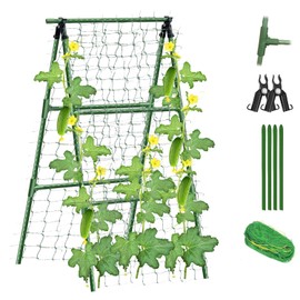 Updated A-Frame Cucumber Trellis for Raised Beds, Adjustable Size Garden Trellis for Climbing Plant Outdoors with Climbing Net and Plant Support Clip for Vegetable Grape Tomato Garden Supplies