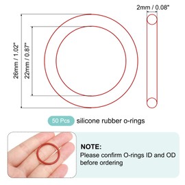 MECCANIXITY Silicone O-Ring 22mm ID 26mm OD 2mm Width Metric VMQ Sealing Gasket Replacement 50A Durometer for Plumbing Compressor Faucets Valves Repair (Red, Pack of 50)