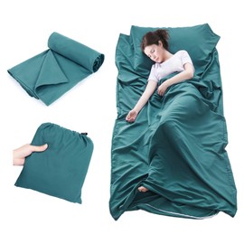 Plliocse Sleeping Bag Liner Travel Sheet Sleeping Bag, Double Size 160 x 210 cm Sleeping Bag Liners with Pillow Pockets for Adults, Travel, Hotels, Business Trip, Camping (Blue, 75cm x 210 cm)