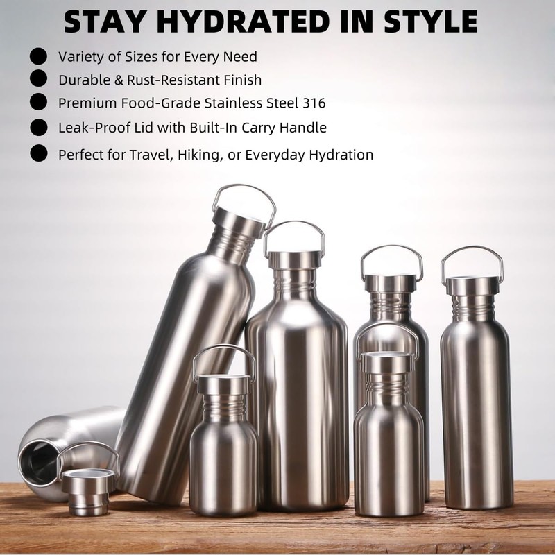 Stainless Steel Water Bottle Single Wall Metal Bottle Large Camping
