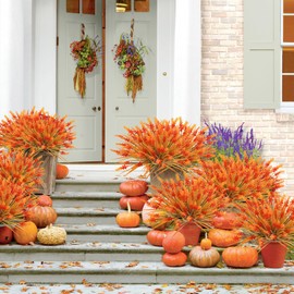 obbsie 36 Bundles Artificial Fall Flowers Outdoors Fake Fall Lavender Flowers UV Resistant No Fade Plastic Faux Fall Plants for Indoor Home Porch Autumn Thanksgiving Fall Decorations (Orange)