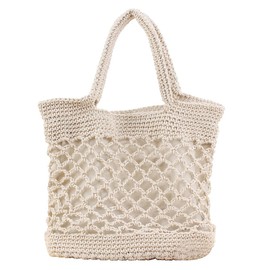 Hsthe Sea Straw Beach Bag Shoulder Bag Women's Summer Handbag Women Weaving Bucket Bag Basket Bag Raffia Bag Outdoor Casual Crossbody Bag for Travel School Work Shopping (Creamy-white)