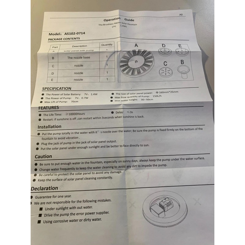 Unbranded Brushless Motor Solar Fountain Floating Pump model # AS102-0714