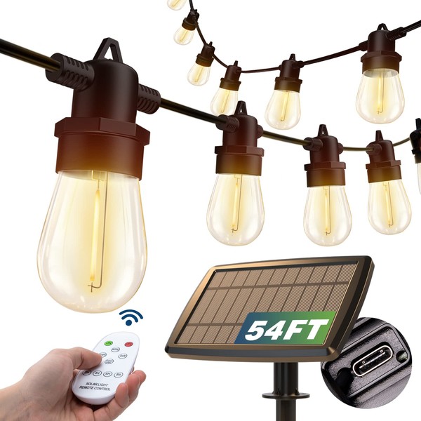 addlon 54(48+6) FT Solar String Lights Outdoor Waterproof with USB Port & Remote Control Solar Patio Lights Long Last for 20+Hrs Dimmable Solar Power LED 25 Bulbs for Porch Garden Market Bistro