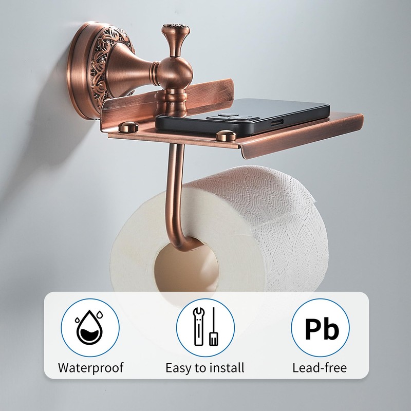 Red Copper Bath Toilet Paper Holder with Phone Shelf, Wall