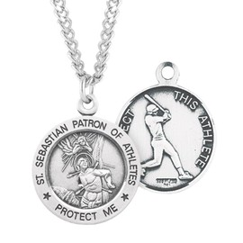 Everlasting Light Jewelry Patron Saint St Sebastian Round Sterling Silver Baseball Medal, 24" Endless Rhodium Plated Stainless Steel Chain Necklace, Made in USA, Deluxe Velvet Gift Box
