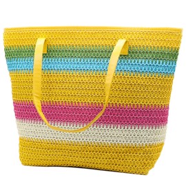 CIOOU Large Straw Tote Bag for Women Rattan Woven Beach Bag Summer Colored Stripe Shoulder Bags Handbag, Colorful Stripe Straw Bag Yellow, Large