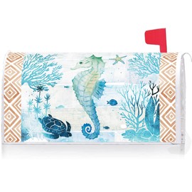 Texupday Summer Tropical Seahorse Turtle Mailbox Cover with Magnetic Strip Coastal Mailbox Wraps Post Letter Box Cover Standard Size 21" X 18" for Garden Outdoor Yard Decor