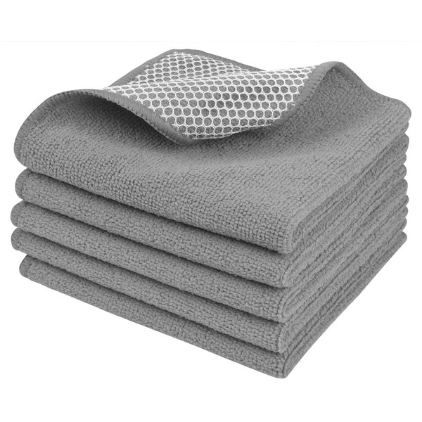 SINLAND Absorbent Microfiber Dish Cloths for Washing Dishes Best Kitchen Washcloth Cleaning Cloths with Poly Scour Side 12Inchx12 Inch 5 Pack, Grey