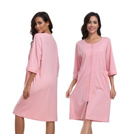 ANLIQI Womens Robes Knee Length 100% Cotton Bathrobes for Women Knee Length Soft&Lightweight Housecoats Zipper Robe with Pockets(Pink,S)