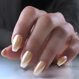 Champagne Chrome Press on Nails Medium Square,SXVME Metallic Fake Nails Acrylic Nails Press ons,Mirror Metal Chrome Nails Glue on Nails Medium,Trapezoid Short Coffin Nails False Nails in 24 PCS