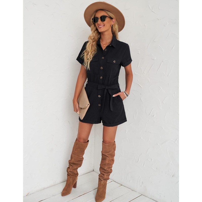 Roskiky Women's Summer Pockets Belt Romper Button Short Sleeve Jumpsuit