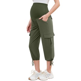 POSHGLAM Women's Maternity Cargo Capris Pants with 4 Pockets Quick-Dry Lightweight Summer Hiking Active Pants (Olive, X-Large)
