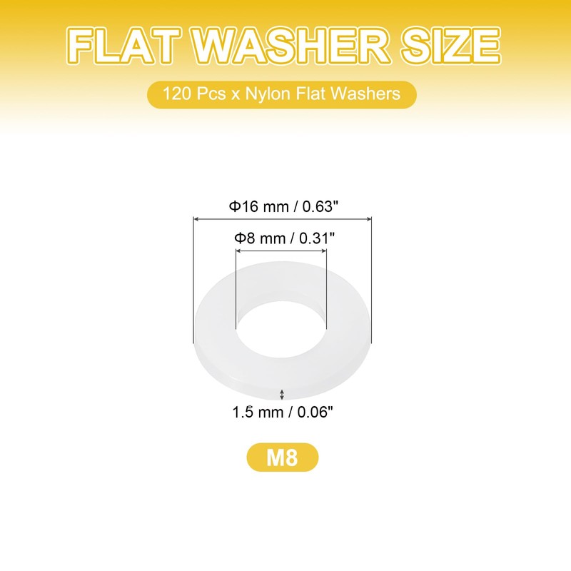 PATIKIL M8 Nylon Flat Washers, 120 Pcs 8mm ID 16mm