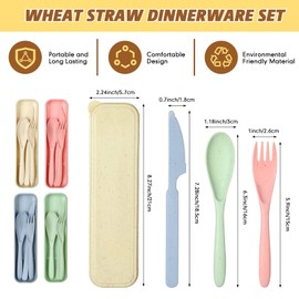 Jinei 50 Sets Wheat Straw Utensils Reusable Travel Utensils Set with Case Portable Spoon Knife Forks Dinnerware Eco Friendly Cutlery for Kids Adults Camping Utensils (Green, Beige, Pink, Blue)