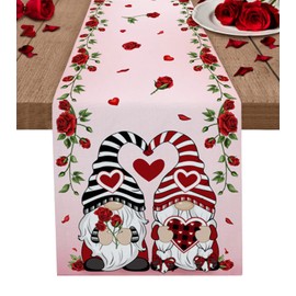 Table Runner 16 x 72 inches Long Valentine's Day Pink Classic Gnomes Red Rose Love Heart Fabric Table Decorations for Coffee Table Indoor Kitchen Dining Wedding