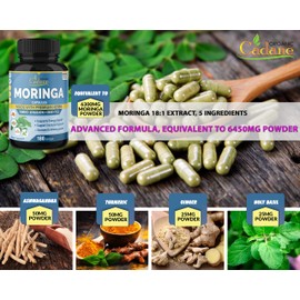 Organic Moringa Extract Capsules 6450mg, 6 Months Supply with Ashwagandha Root, Tulsi, Ginger, Turmeric - Energy Booster, Immune System - 180 Capsules