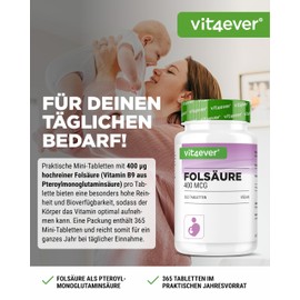 Folic Acid 400μg - 365 Tablets in Practical 12 Month Supply - Vitamin B9 for Desiring Children and Pregnancy - High Dose - High Bioavailability - Vegan