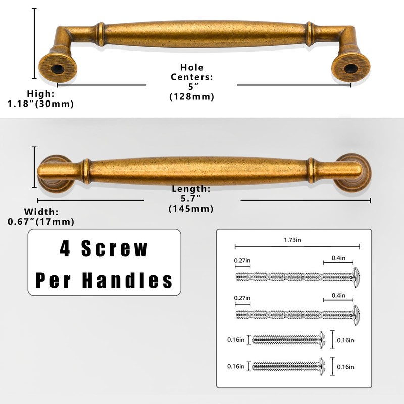Asimerdeco 10 Pack Antique Brass Cabinet Pulls 5 Inch(128mm) Kitchen