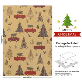 Christmas Wrapping Paper for Kids Boys Girls Red Truck Car and Tree Wrapping Paper 4 Sheets 50x70cm Christmas Paper for New Year Christmas Winter Holiday
