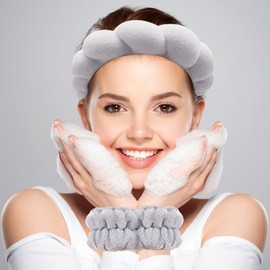 Zkptops Spa Headband for Washing Face Wristband Set Sponge Makeup Skincare Headband Terry Cloth Bubble Soft Get Ready Hairbands for Women Girl Puffy Padded Headwear Non Slip Thick Hair Accessory(Grey)