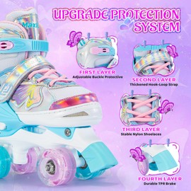 Girls Roller Skates, Butterfly Design 4 Size Adjustable Kids Roller Skates for Girls, Boy and Women, Fun Illuminating Toddlers Quad Skates for Beginners Youth Indoor Outdoor(Medium, Pink Green)