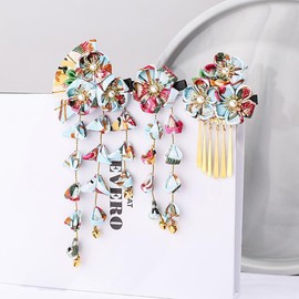 Union Power Japanese Style Hair Clips Set, 3pcs Sector Cherry Tassel Hairpin, Hair Accessories Flower Kimono Traditional Hairpins, Fashion Blossom Hair Clamp Bride Hanfu Accessory for Women (Blue)