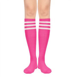 Women's Knee High Athletic Socks Stripes Tube Sport Socks Soft Strench High Socks for Women Outdoor Hot Pink White One Size