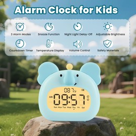 Aokpsrt Elephant Alarm Clock with Night Light for Kids – Cute Digital Sleep Trainer with LED Display, 3 Alarms, Countdown Timer, Adjustable Brightness – Rechargeable Bedside Clock for Boys and Girls