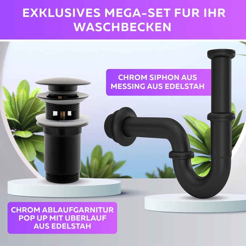 Black Siphon Sink Drain Fitting with Overflow, Pop Up +