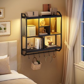 HOOBRO Gaming Floating Shelves with LED Lights, 28.7" LED Wall Mounted Shelf, 3-Tier Display Rack for Wall Storage, Floating Rack with Hanging Rod and 6 S-Hooks, for Gaming Room, Black BB70DBJ01