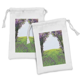 Lunarable Magic Fabric Pouch Set of 2, Lavender Meadow with Lilac Flowers Tunnel Dreamy Inspirational Habitat Landscape, Small Drawstring Bag for Toiletries Masks and Favors, 9" x 6", Lilac Green