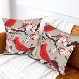 Coshatsu Red Cardinal Birds Throw Pillow Cases Cherry Blossom Butterflies Square Decorative Cushion Covers Home Living Room Decor 18”x18” Set of 2 Pillowslip