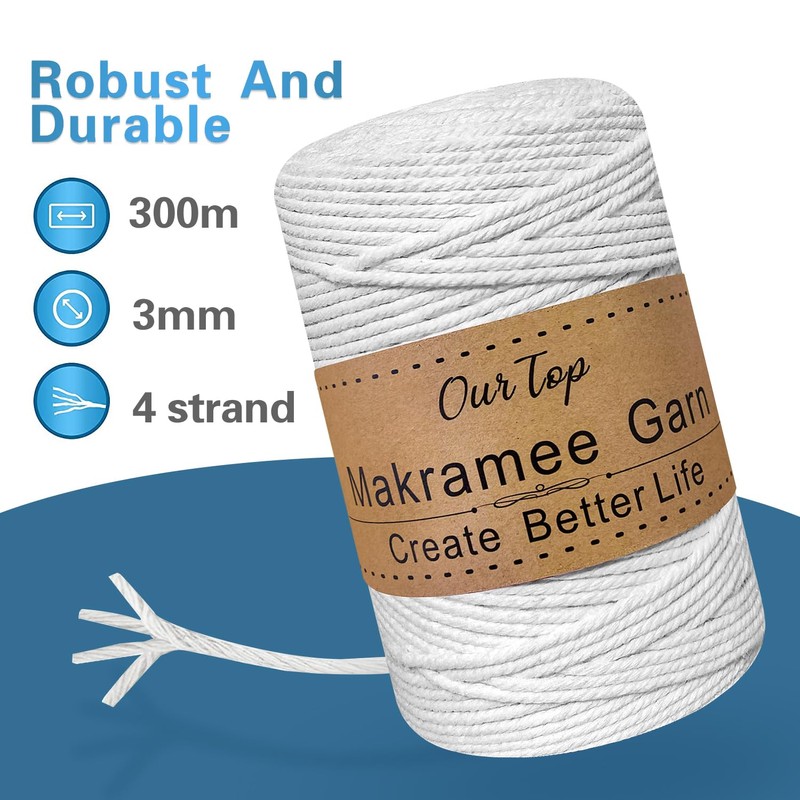 OurTop Premium Macrame Yarn, White, 3 mm x 300 m