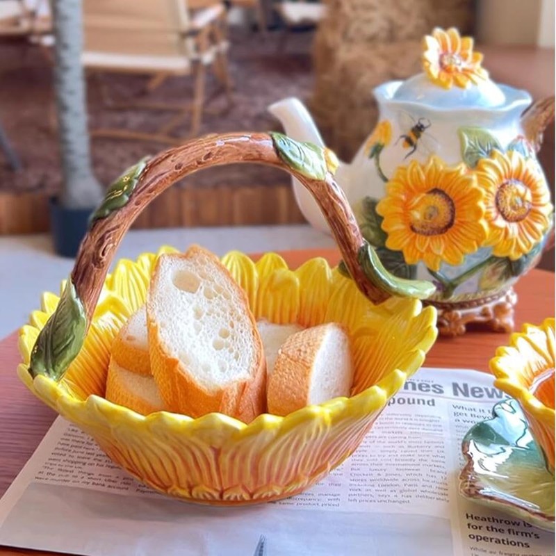 FORLONG Ceramic Sunflower Fruit Hand Basket, Snack Bowl, Hand Painted