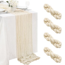 Boho Gauze Beige Table Runner 4 Pieces 10Ft x 36" Wide Cheesecloth Table Runner for Bridal Shower Wedding Reception Boho Party Table Decor