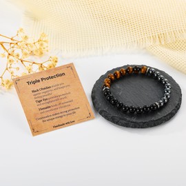 Gnamy Triple Protection Beaded Bracelet for Men, Mens Tiger Eye Black Obsidian Hematite Combine Stone Bracelets Birthday Christmas Jewelry Gifts for Son Brother Husband Dad Boyfriend