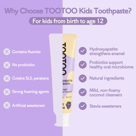 TooToo Fluoride Free Kids Hydroxyapatite Toothpaste - Probiotics & Xylitol Toothpaste - All Natural - Yogurt Grape Favor, 4.2 OZ