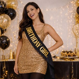 Shimmer Anna Shine Black Glitter Gold Birthday Sash – Adjustable Satin Sash for Women, Teens & Adults – Fun Party Decoration & Photo Prop for 18th, 21st, 30th, 40th, 50th Birthdays