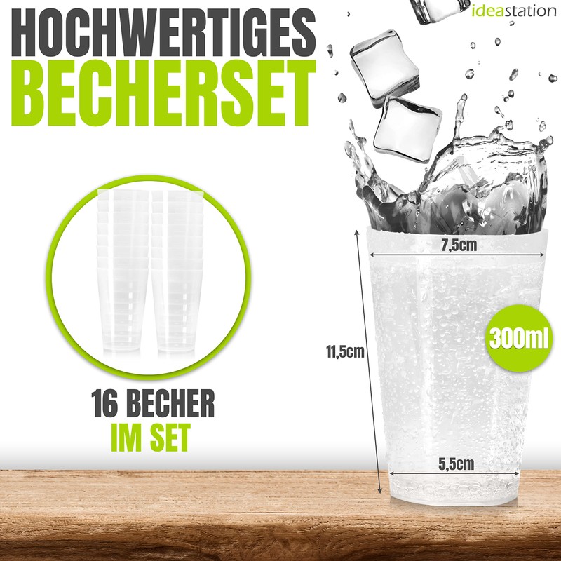 idea-station Plastic Cups 16 x 300 ml - Transparent -