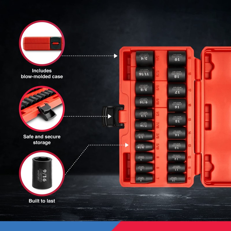 NEIKO 02432A 3/8” Drive SAE and Metric Impact Socket Set