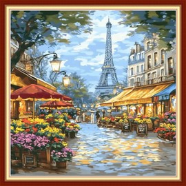 Joyhoor Cross Stitch Kits for Beginners Stamped Cross-Stitch Supplies Needlework preprint Embroidery Kits for Adults DIY Needlepoint Kits Embroidery Patterns 11CT-Street Eiffel Tower 18x18 inchs